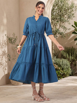 Teal Solid Flared Midi Dress with V-Neck Mandarin Collar