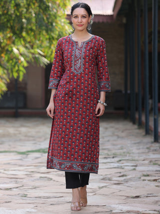 Women Maroon Ethnic Motifs Printed Pure Cotton Straight Kurta