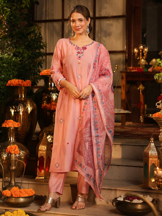 Light Pink Embroidered Chanderi Straight Kurta Set With Pant Pocket
