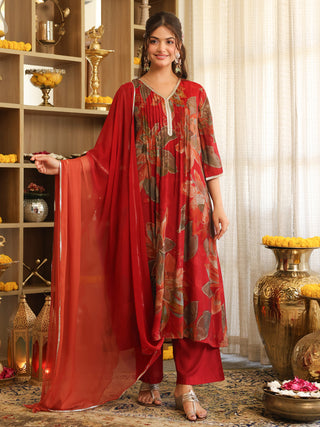 Maroon Floral Chanderi A-Line Kurta Set with Pocket