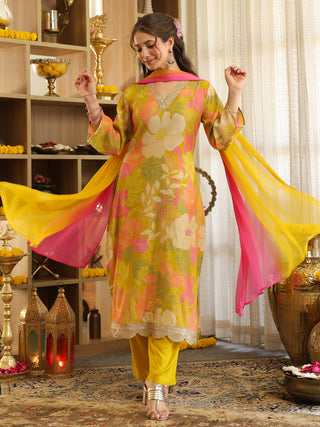 Lime Yellow Floral Print Straight Kurta Set with Pocket