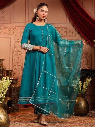 Teal Solid Fit & Flare 3-Piece Anarkali Kurta Set