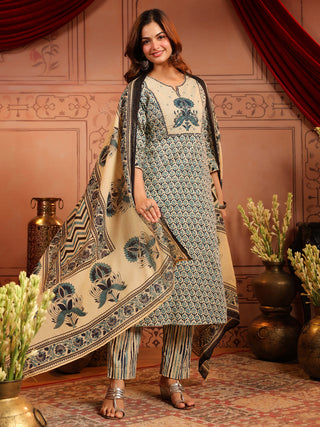Women Ethnic Motifs Printed Regular Pure Cotton Kurta with Trousers & With Dupatta