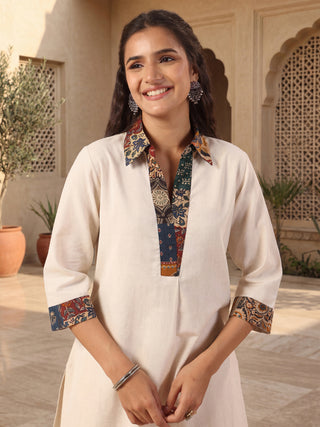 Womens Pure Cotton Floral Printed Shirt Collar Solid Tunic with Trousers