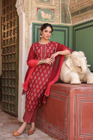Women Ethnic Motifs Printed Regular Pure Cotton Kurta with Trousers & With Dupatta