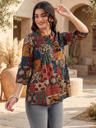 Print Mandarin Collar Ethnic Cotton Top