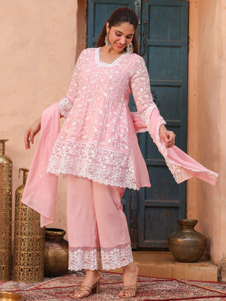 Pink Floral Embroidered Lace 3-Piece Straight Kurta Set