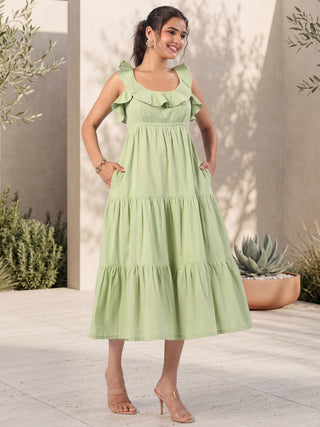 Mint Green Solid Cotton Tiered Dress with Pocket