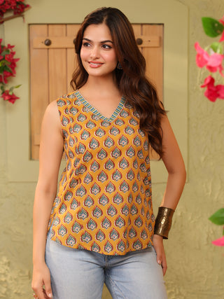 Mustard Printed Cotton Sleeveless Top with V-Neck