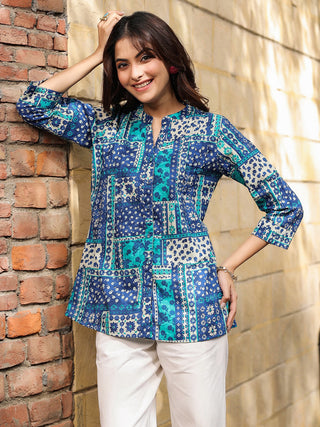 Women Blue Abstract Print A-Line Pure Cotton Kurti