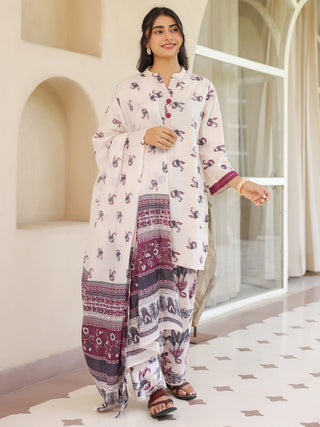 Off White Ethnic Motif Print Lace 3-Piece A-Line Kurta Set