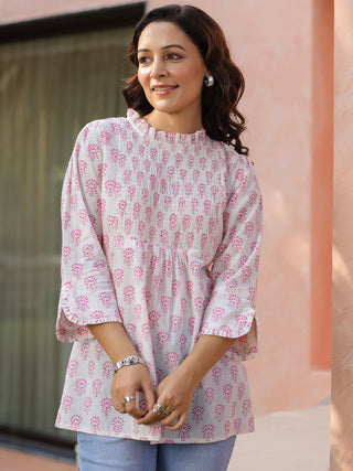 White Ethnic Motif Print Ruffle Top