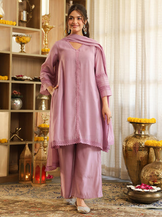 Lilac Lace Chanderi A-Line Kurta Set with Pocket