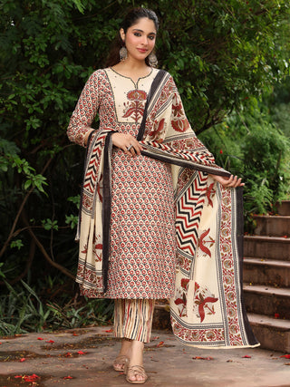 Rust Striped Embroidered 3-Piece Straight Kurta Set