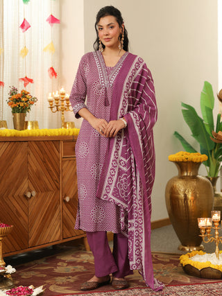 Purple Bandhani Print Straight Kurta Set with Pocket