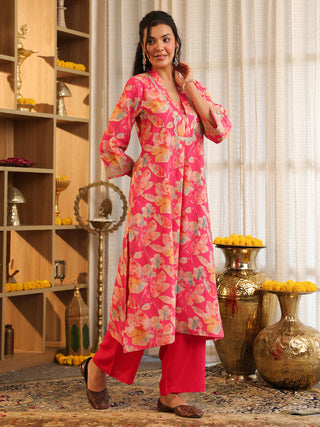 Fuchsia Pink Floral Print A-Line Kurta Set with Pocket