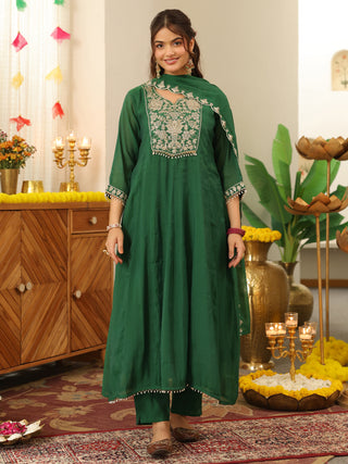 Green Embroidered Anarkali Kurta Set with Pocket