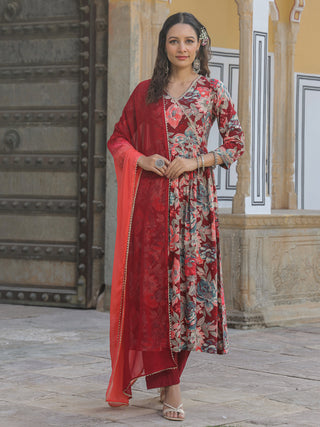 Women Maroon Floral Printed A-line Kurta With Solid Trouser And Dyed Dupatta