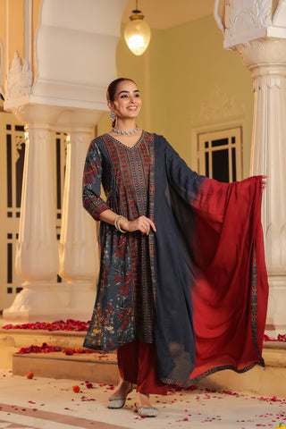 Blue Floral Print Embroidered 3-Piece Kurta Set