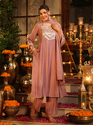 Mauve Embroidered Chanderi A-Line Kurta Set with Pocket