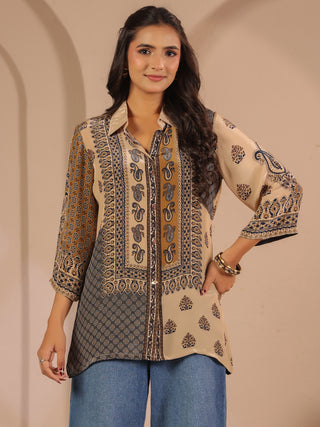 Beige ethnic printed crepe shirt