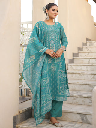 Teal Ethnic Motif Print 3-Piece Straight Kurta Set