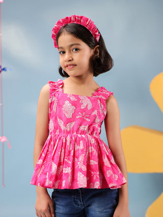 Girls Floral Printed Pure Cotton Peplum Crop Top