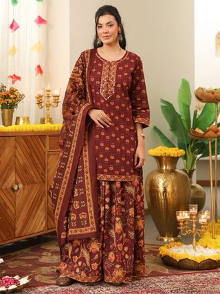 Brown Floral Print Cotton Straight Kurta Set