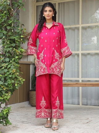 Women Embroidered Shirt with Trousers Co-ord Set