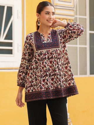 Beige Ethnic Motif Print Lace Top