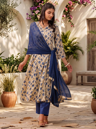 Beige Ethnic Motif Print Lace 3-Piece Kurta Set
