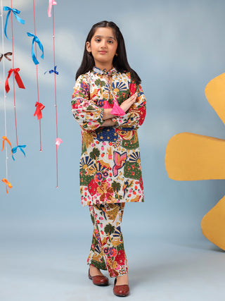 Girls Floral Printed Tie-Up Neck Pure Cotton Straight Kurta With Trousers