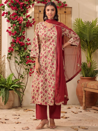 Beige Ethnic Motif Print Lace 3-Piece Kurta Set