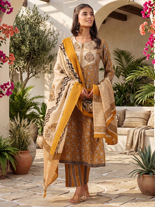 Mustard Printed Embroidered 3-Piece Kurta Set