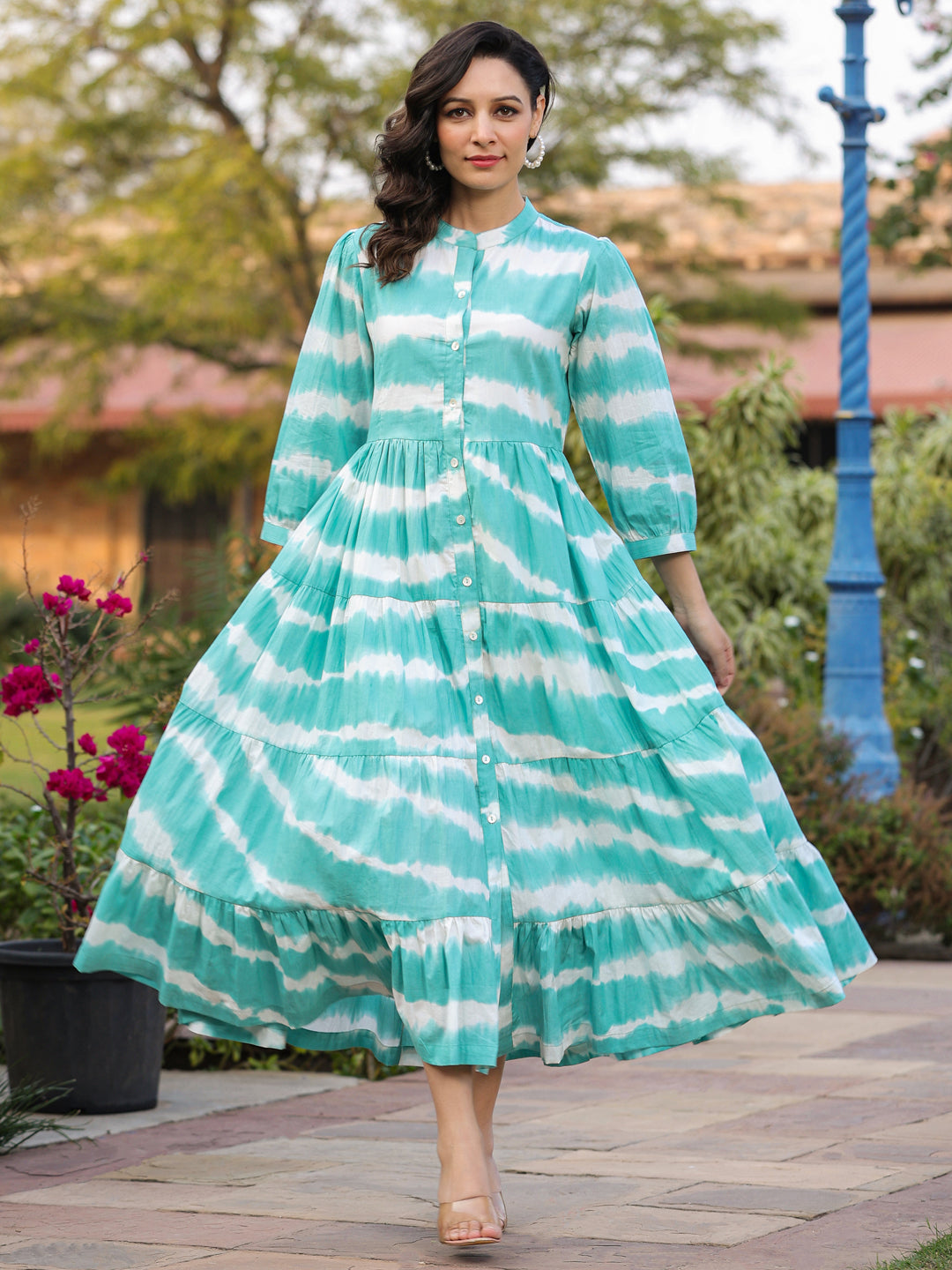 Women Sea Green Tie and Dye Pure Cotton Fit and Flared Midi Dress Rain & Rainbow Women Sea Green Tie and Dye Pure Cotton Fit and Flared Midi Dress Rain & Rainbow