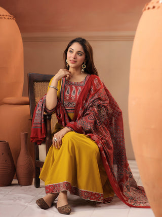 Mustard Printed 3-Piece Anarkali Kurta Set
