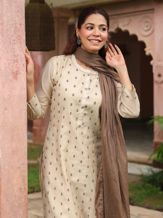 Beige Embroidered 3-Piece Straight Kurta Set