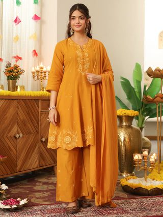 Mustard Embroidered Cotton A-Line Kurta Set
