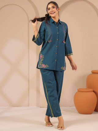 Teal blue solid embroidered cord set with shirt style tunic and matching trouser
