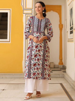 Women Floral Printed Mirror Work Kurta