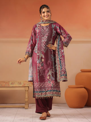 Wine panel printed silk blend kurta set with solid trousers and printed dupatta