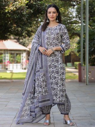 Women Grey Floral Printed Straight Kurta With Afghani Salwar And Printed Dupatta