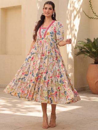 White Paisley Print Rayon Crepe Tiered Dress