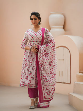 Women Pink Floral Printed Pure Cotton A-line Kurta With Solid Trouser And With Printed Dupatta