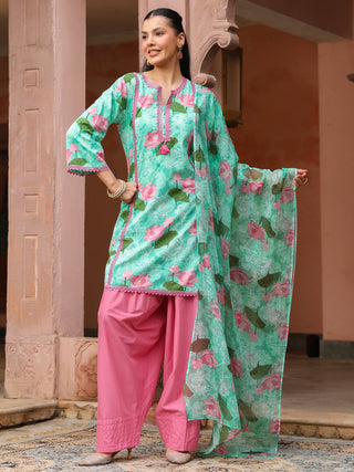 Mint Green Floral Print Straight 3-Piece Kurta Set