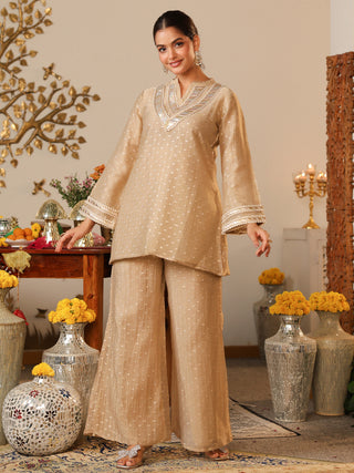 Champagne Beige Woven Butti Tissue Co-Ord Set