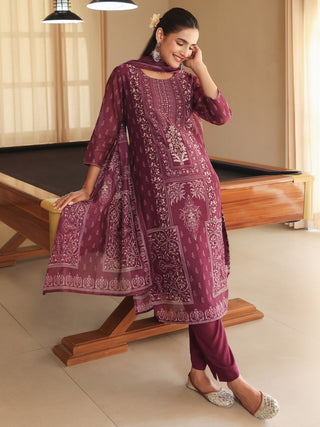 Wine Ethnic Motif Print 3-Piece Straight Kurta Set