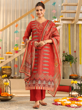 Red Panel Print Straight Kurta Set with Pant Pocket