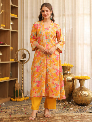 Mustard Floral Print Rayon A-Line Kurta Set with Pocket
