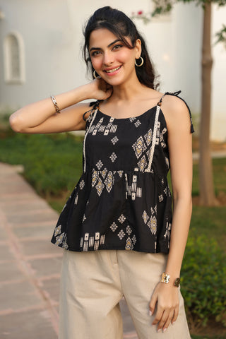 Black Abstract Print Fit & Flare Top